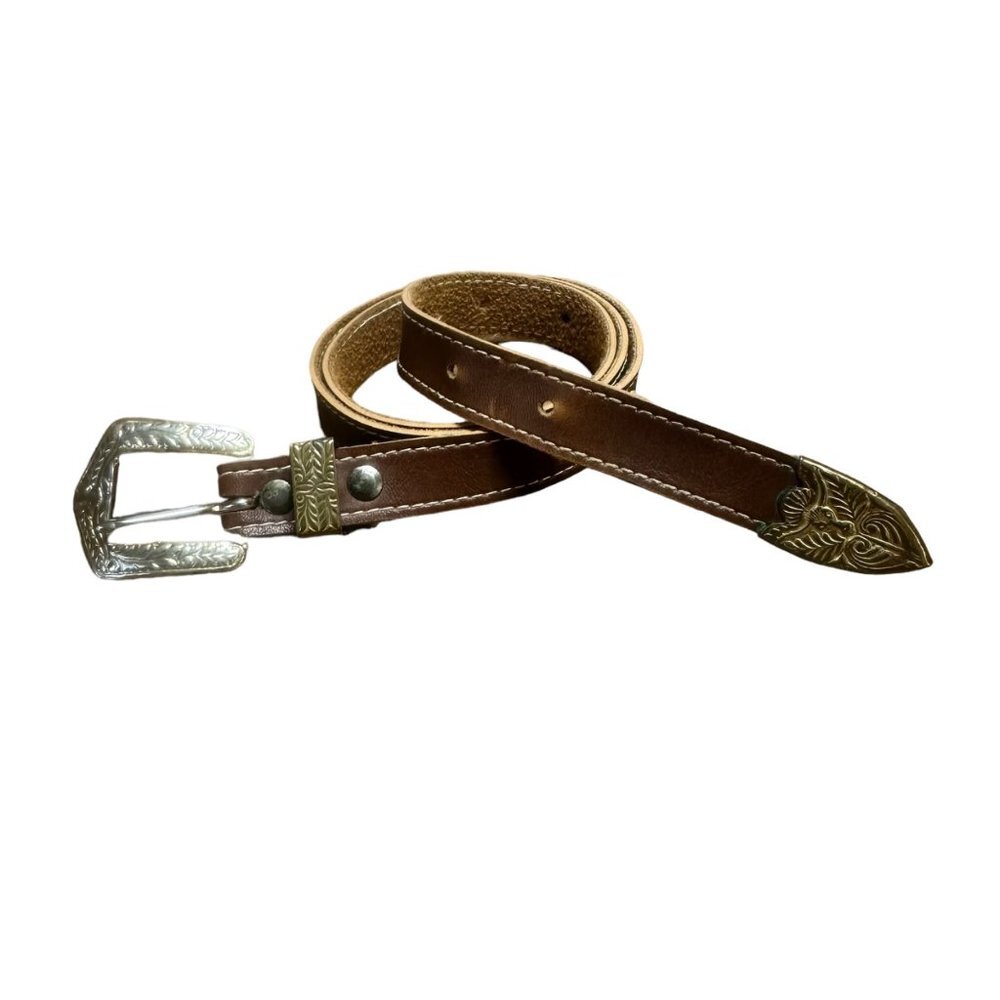 Vtg Thin Ornate Floral Buckle End Belt Women 28" Brown Tarnished Gold Filagree